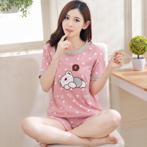 1 Set Girls Short Sleeve Pajamas Set Women Lingerie Cartoon Nightwear Sleepwear Cute Bear Cat Summer Nightie Homewear Suit Pink