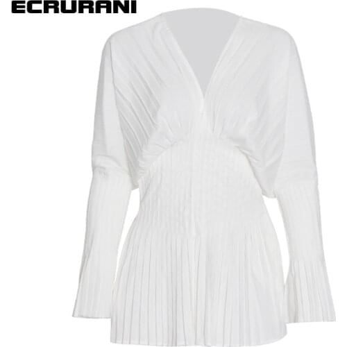 ECRURANI White Casual Shirts For Women V Neck Flare Long Sleeve Patchwork Pleated Blouses Females Summer Clothing 2021 New Style