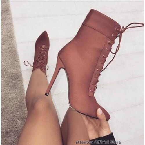 New designer stretch pointed toe lace up short boots women Side zipper black red Straps Thin High Heel Autumn Ankle Boots