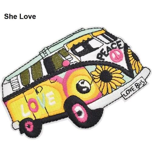 Chzimade 2Pcs/lot Colorful Peace Love Bus Embroidery Patch 10.5x7cm Sewing Iron On Cartoon Patches For Clothing Sticker Diy