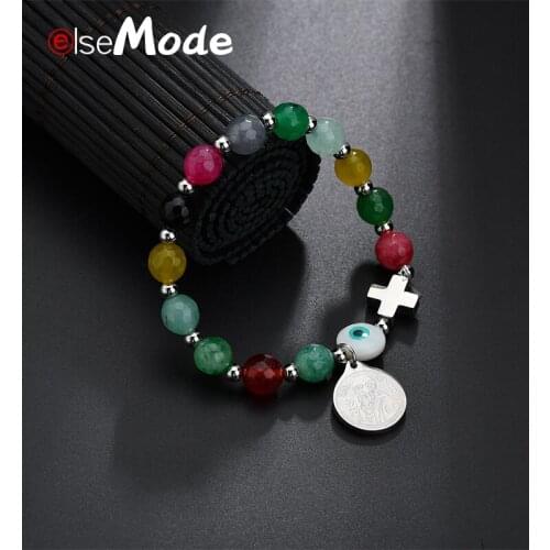 ELSEMODE Ethnic Mulitcolor Evil Eyes San Benito Cross Saint Stainless Steel Pendant Beads Bracelet for Women Lucky Gifts Jewelry