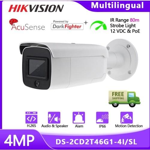 NO LOGO Version By Hikvision DS-2CD2T46G1-4I/SL Outdoor Network Bullet POE Camera 4MP H.265 2.8MM Len IR 80M Built-in SD$Speaker