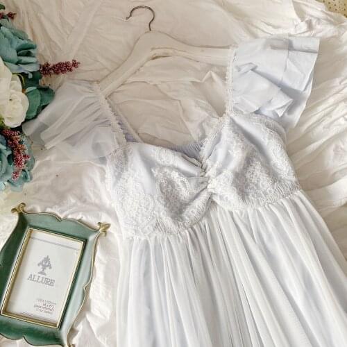 Delicate Summer Sleeveless White Lace Cotton Womens Nightgowns Vintage Princess Female Loose Long Sleepwear Sexy Night Dress