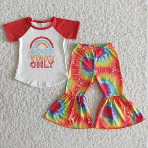 Colorful Tie tye outfits Baby childrens boutique toddler girl red letter Printed short sleeve and bell bottoms set