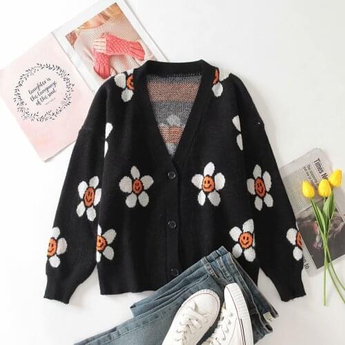 Korean Version of Autumn/winter New Big Flower Jacquard Knitted Loose Cardigan Sweater Jacket DLWT163
