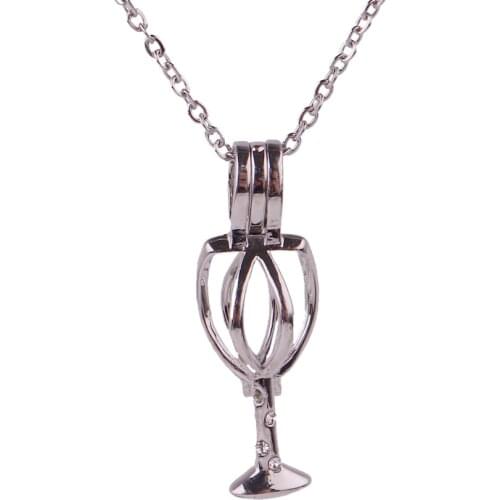 10pcs Copper Red wine glass cup Beads Cage Essential Oil Diffuser Perfume Pearl Cage Locket necklace 45cm stainless steel chains