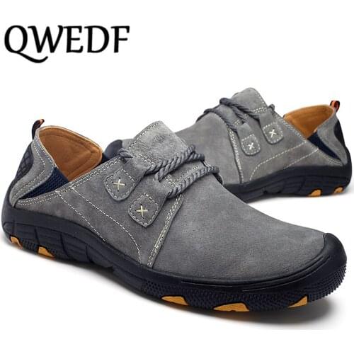 QWEDF New Genuine Leather Casual Shoes Men Loafers Suede Men Shoes Breathable Outdoor Training Shoes Walking sneakers HX-59