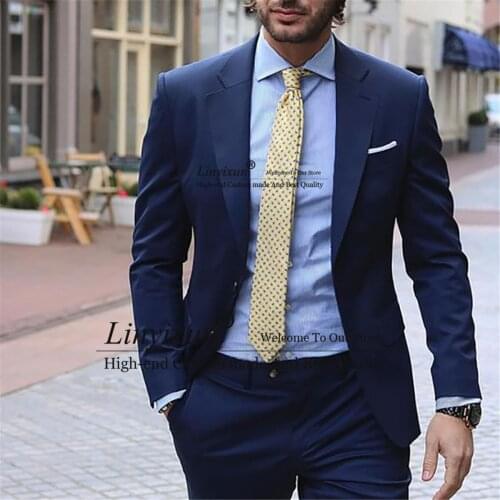 Navy Blue Men Suit Slim Fit Business Casual Blazer sets Street Costume Homme Wedding Groom Wear Male 2 Piece (Jacket+Pants)