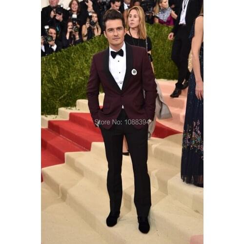 2018 New Arrival Black Shawl Lapel Burgundy Blazer Prom Party Suit Slim Fit Groom Tuxedos Men Wedding Suits (Jacket+Pants+Bow)