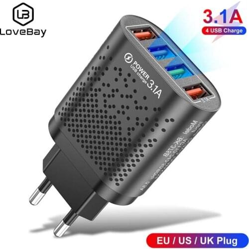 LOVEBAY 4 USB Charger 3.1A Quick Charge 3.0 4.0 Port Fast Charging Wall Adapter For iPhone 12 11 Xiaomi Samsung Phone Charger