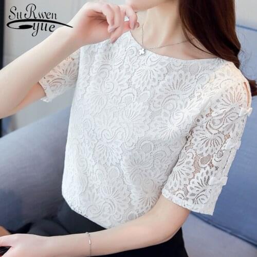 New 2021 Summer Solid Lace Fashion Women Blouses Shirts Chiffon Elegant White Light Blue Short Sleeve Female Tops Blusas 0361 40