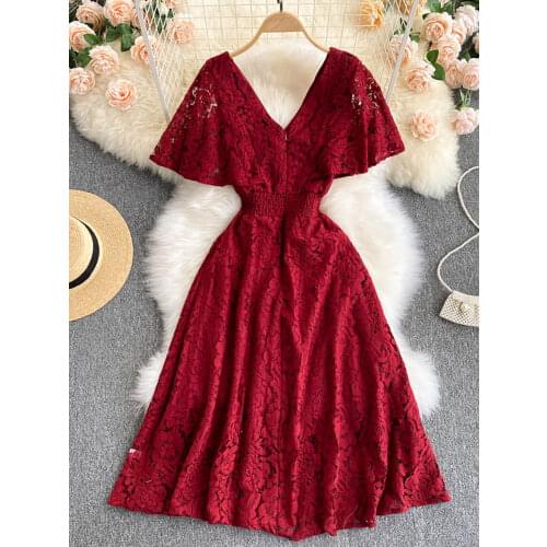 Summer Red/Blue/Yellow Lace Dress Women Sexy V-Neck Short Sleeve High Waist A-Line Vestidos Female Elegant Vacation Beach Robe