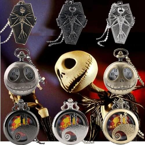 Retro Gothic Tim Burton The Nightmare Before Christmas Quartz Pocket Watch Jack Skellington Necklace Pendant Gifts for Men Kids
