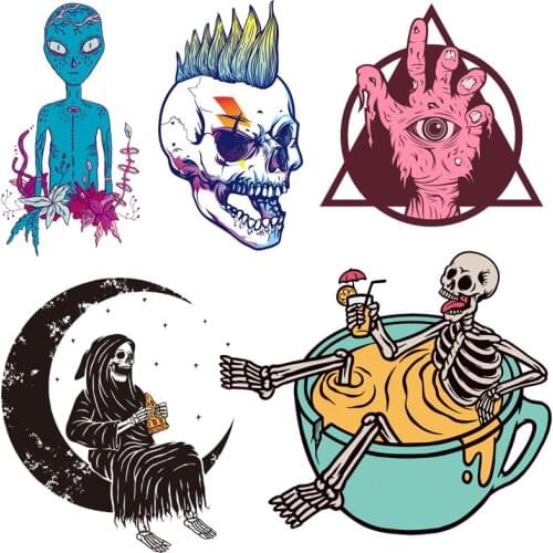 Iron On Punk Skull Patches For Clothing DIY T-shirt Appliques Alien Heat Transfer Vinyl Washable Sticker Stripes On Clothes H