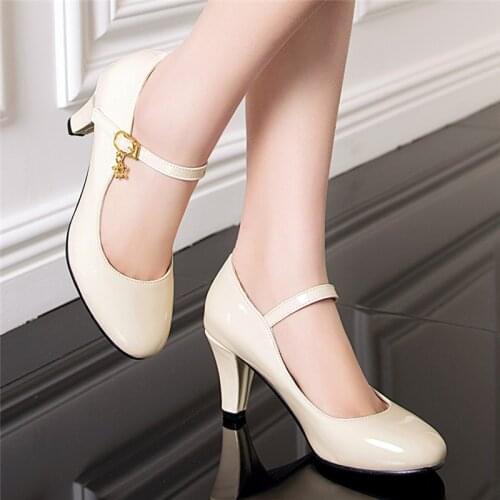 Mary Jane Shoes for Women High Heels Patent Leather Pumps Block Heel Dress Office Ladies Shoes Black Red Plus Size 32 33 42 43