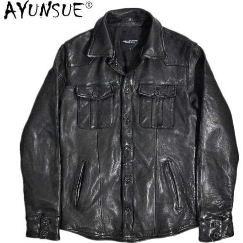 Vintage Genuine Leather Jacket Men Real Sheepskin Coat Motorcycle Coats and Jackets Mens Clothing Chaqueta Cuero Hombre WPY3663
