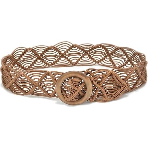 Vintage wide bohemian belts for women around wood buckle fabric braided rope belt female casual crochet boho dress waist QZ0334