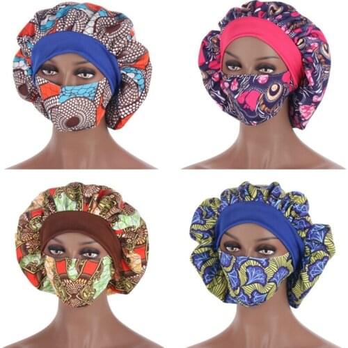 Women Bonnet African Pattern Print Hijab Hat Night Sleep Cap with Mask Turban Caps Head Wear Lady Wrap Fashion Hair Care Hats