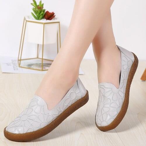 AARDIMI Floral Women Genuine Leather Shoes Summer Shallow Slip On Female Flat Shoes Cut-outs Womens Loafers Mocassin Femme