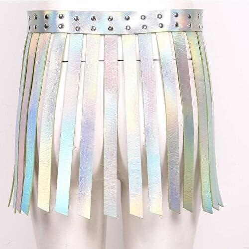 Women Fashion Shiny PU Leather Adjustable Fringe Tassel Skirt Belts Punk Gothic Festival Rave Accessories Club Party Waist Belt