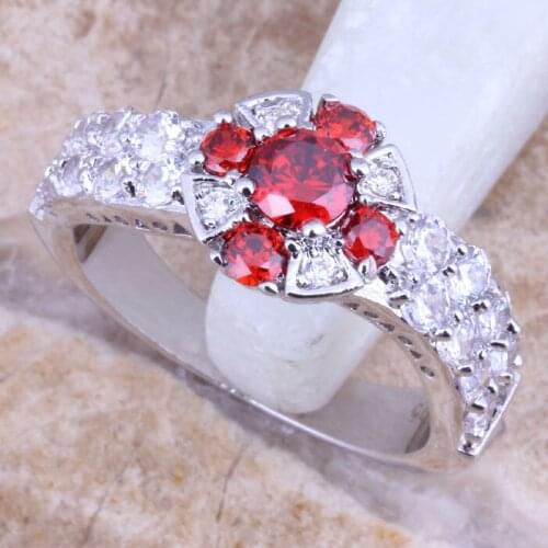 Divine Red Garnet White CZ Silver Plated Womens Jewelry Ring Size 6 / 7 / 8 / 9 R1497