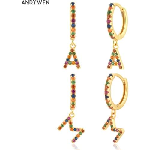 ANDYWEN 925 Sterling Silver Spring Rainbow CZ Zircon Letters 26 Charms Drop Earring Initial Piercing Clips Pendiente Jewelry