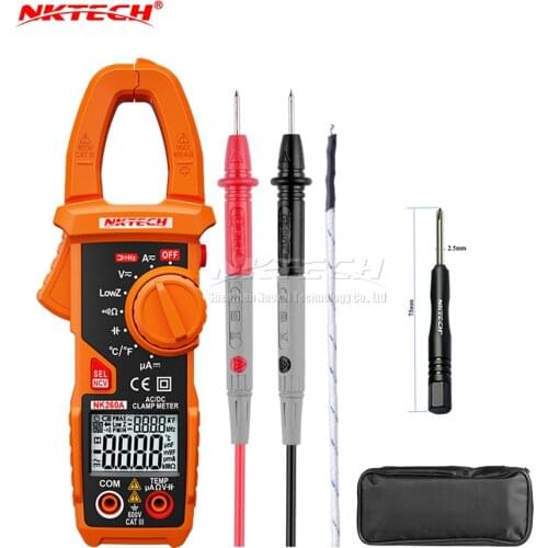 NKTECH NK260A Digital Clamp Meter Temperature AC DC Volt Amp OHM Capacitance Frequency Auto Recognize V/Ohm/A Test NCV LowZ LPF