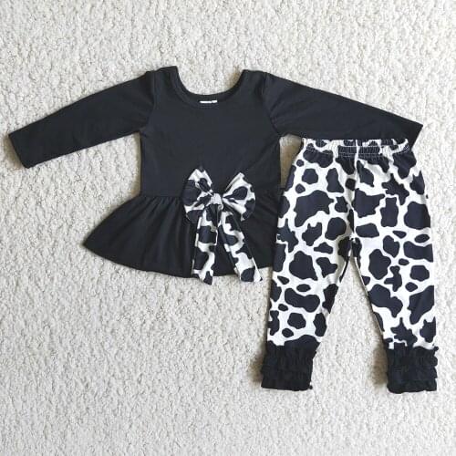 100% Cotton Kids Black Color Tunic Top And Milk Cow Pattern Long Pants Baby Girls Fashion Autumn Outfit With Big Bow
