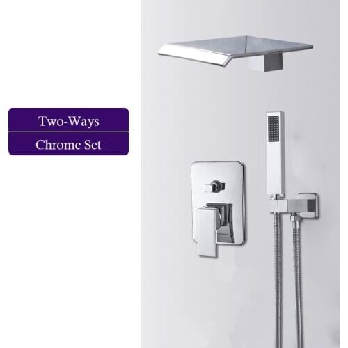 Onyzpily Chrome Waterfall Shower Faucet Ceiling Mounted All Brass Bath Shower Mixer with Handshower Rotate Watering Spout