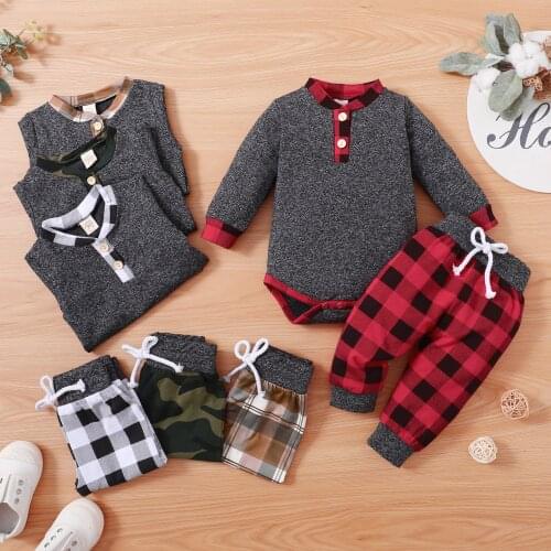 Newborn Baby Girls Boys Clothes Set Long Sleeve O-neck Romper Tops Plaid Trousers Autumn Winter Baby Outfit 0-18M