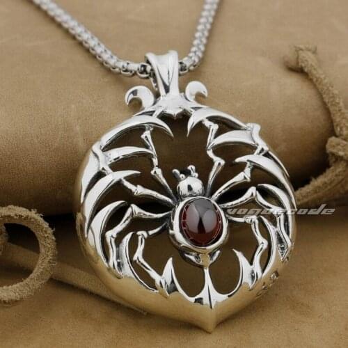 LINSION 925 Sterling Silver Huge Heavey Red CZ Stone Spider Mens Biker Rock Punk Pendant 9H010