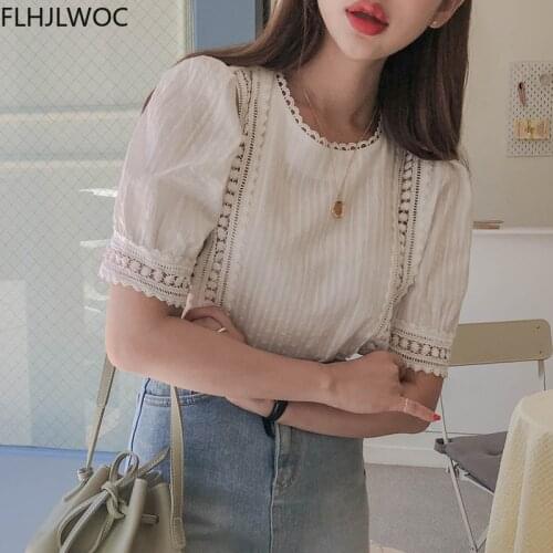 Cute Chic Tops Hot Women Summer Korea Japan Style Design Hollow Out Lace White Button Shirt Blouses