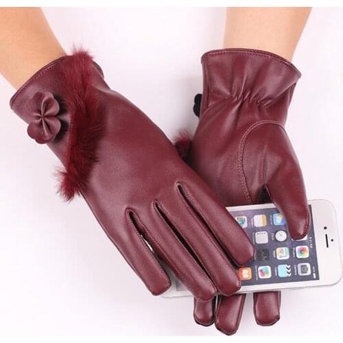 Fashion Elegant Winter Warm Female Short Leather Gloves Women Full Finger Bow Rabbit Fur Cuffs Touch Screen Gloves Mittens L40