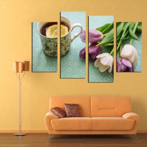 New Arrival 4 Pcs/Set Artist Canvas Still Life painting Colour lustre flowers lemon tea Canvas Living Room home decor