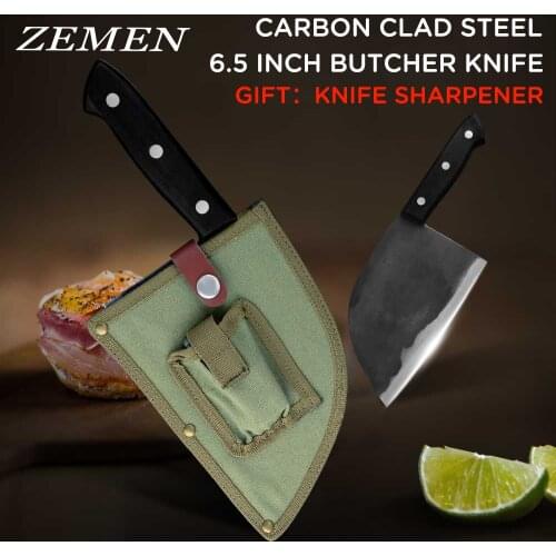 ZEMEN High Carbon Steel Chinese Cleaver Chopping Butcher Knife Handmade Forged Chef Knife Set With Nylon Sheath+Gift Sharpener
