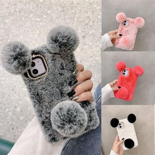 Panda Plush Fur Phone Case For Samsung Galaxy A32 Case Cover A02 A12 A42 A52 A72 A51 A71 A50 A70 A21S Solid Color Soft Tpu Coque