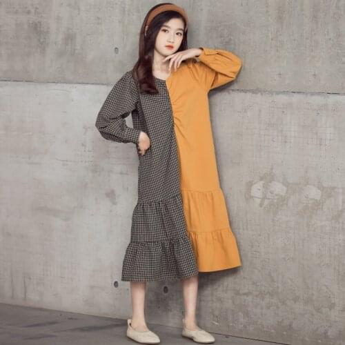 Teen Girls Midi Dress 2021 New Autumn Kids Patchwork Cotton Dress Fashion Plaid Children Clothes Ruffles,#6409