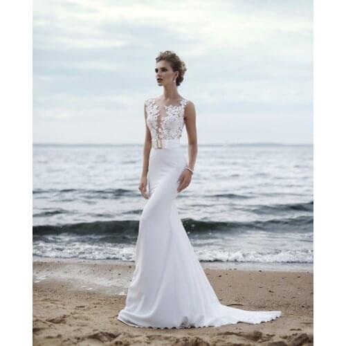 Beach Simple Wedding Dresses Mermaid Lace Appliques O-neck Sweep Train Belt Bridal Gowns Sleeveless Floor Length Summer Cheap