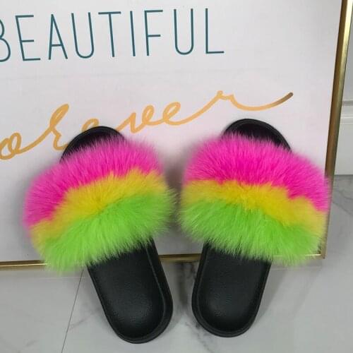 Fluffy Slides Real Fox Fur Slippers 2020 New Fashion Women Indoor Slippers Summer Flats Sandals Fur Flip Flops