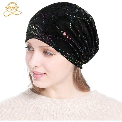 Hats For Women Beanie Spring Autumn Knitted Hat Cap Lace Flower Skullies Slouchy Beanie Bonnet Womens Turban Hat Gorros Sequins