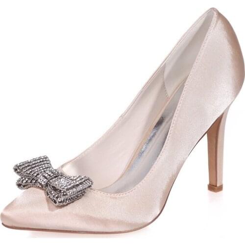 High Heels Wedding Shoes for Bride Pointed Toe Slip on Satin Evening Formal Party Ladies Dress Pumps with Bowknot