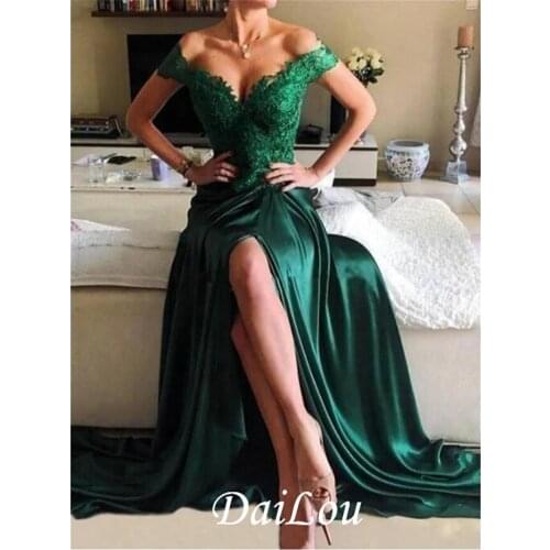 A-Line Elegant Prom Formal Evening Dress Off Shoulder Short Sleeve Sweep / Brush Train Lace Satin with Split Appliques 2021