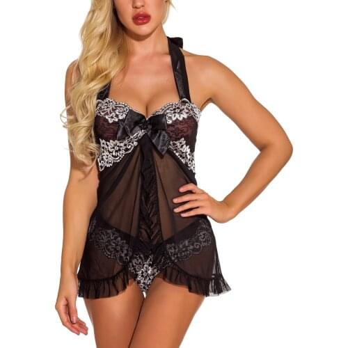Woman Nightdress S-2L New Sexy Lingerie Sexy Cardigan Bow Decoration Lace Sexy Lace Hanging Neck Suspender Pajamas эротика 40
