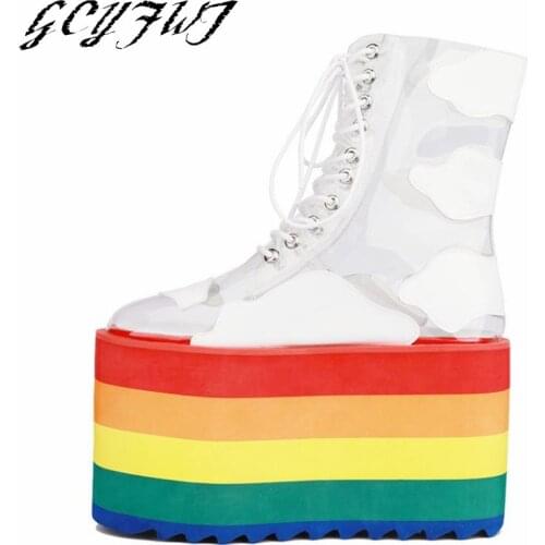 Womens Mid Calf Boots Flat Platform Cross-tied Thick Bottom High Heel Women Shoes Printing Transparent Rainbow Zapatillas Mujer
