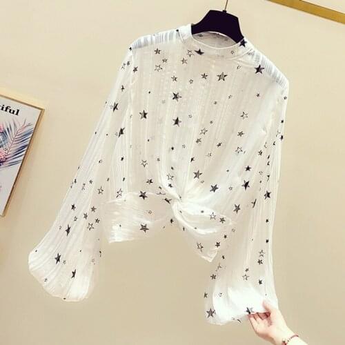 Thin Printed Star Chiffon Women Blouse 2021 Summer New O-Neck Lantern Sleeved Loose Office Lady Elegant Pulls Tops Tees