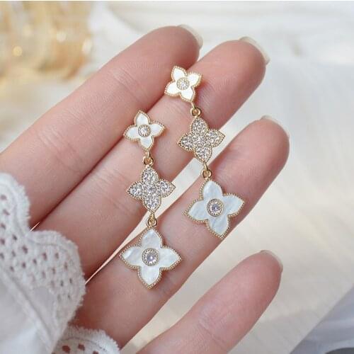 14K Real Plated CZ Cubic Zircon Flower Stud Earrings for Women Delicate Shell Jewelry Crystal Long Earrings