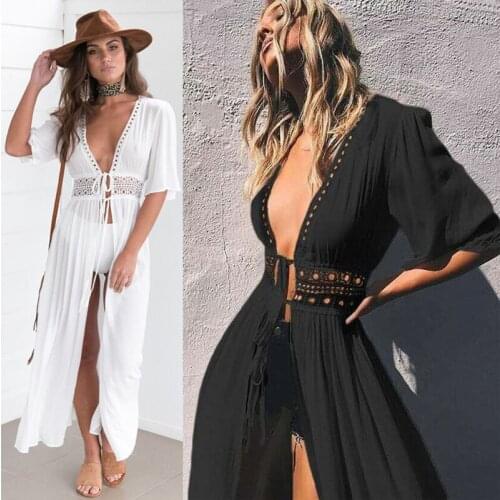 Summer Sexy Beachwear Short Sleeve Womens Lace Wraps Lace-Up Long Skirt Shawl Veil Cardigan Coat Bikini Women Lace Dress