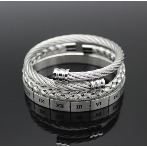 3PCS/Set Hot Sale Men Cable Wire Bracelet Stainless Steel Roman Number Bangle Bracelet Pulseira Bileklik Luxury Men Best Gift