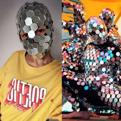 American Mirror Clothing Silver Lens Head Cover Puff Bar DJ Wear Mirror Accessories Funny Halloween Costume GOGO Dancer Headwear