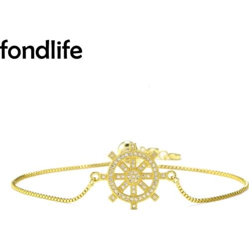 Shiny AAA Cubic Zirconia Crystal Helm Of Ship charm Bracelet Lady Nautical Rudder Brass Chain CZ Pull Adjustable Jewelry Present